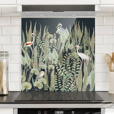 Splashback - Flamingo And Stork With Plants On Green - Square 1:1