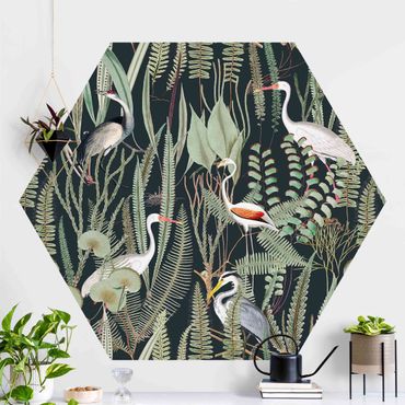 Self-adhesive hexagonal pattern wallpaper - Flamingos And Storks With Plants On Green