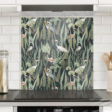 Splashback - Flamingos And Storks With Plants On Green - Square 1:1