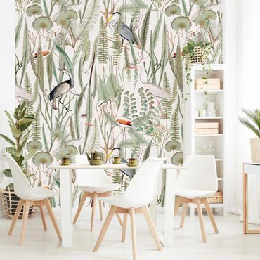 Wallpaper - Flamingos And Storks With Plants
