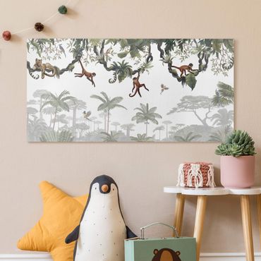 Print on canvas - Cheeky monkeys in tropical canopies - Landscape format 2:1