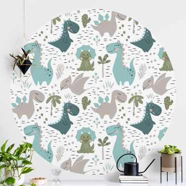 Self-adhesive round wallpaper - Friendly Dinosaur With Palm Trees And Cacti