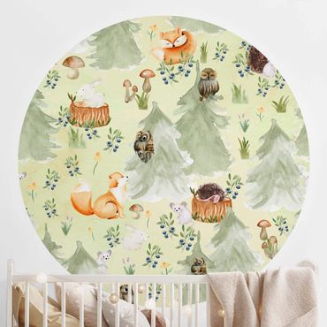 Self-adhesive round wallpaper kids - Fox And Owl With Trees