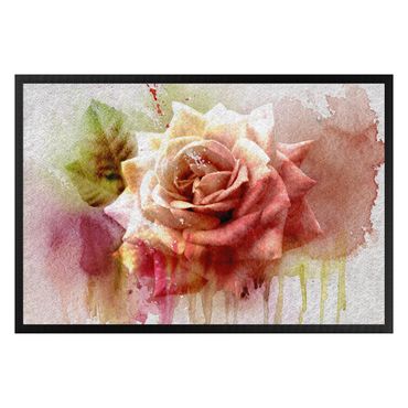 Doormat - Watercolour Painting sketch with rose