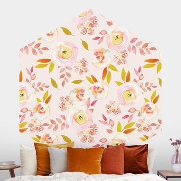 Self-adhesive hexagonal pattern wallpaper - Yellow Leaves With Watercolour Flowers In Front Of Pink