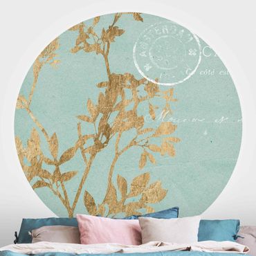 Self-adhesive round wallpaper - Golden Leaves On Turquoise I