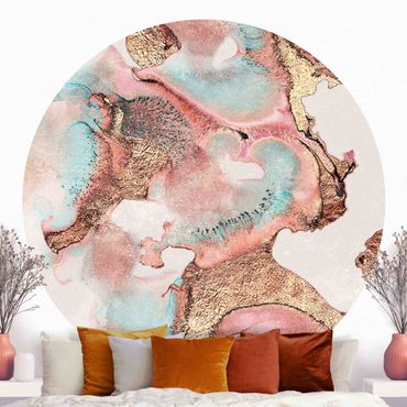 Self-adhesive round wallpaper - Golden Watercolour Rosé