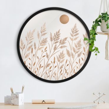 Circular framed print - Grasses And Moon In Gold