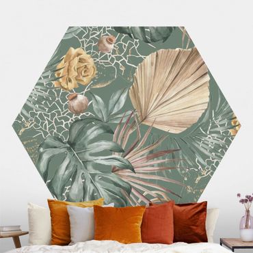 Self-adhesive hexagonal pattern wallpaper - Large Leaves With Roses In Front Of Green