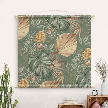 Tapestry - Large Leaves With Roses In Front Of Green