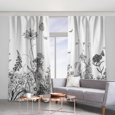 Curtain - Large Flowers With Butterflies In Black