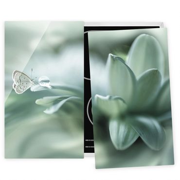 Glass stove top cover - Butterfly And Dew Drops In Pastel Green