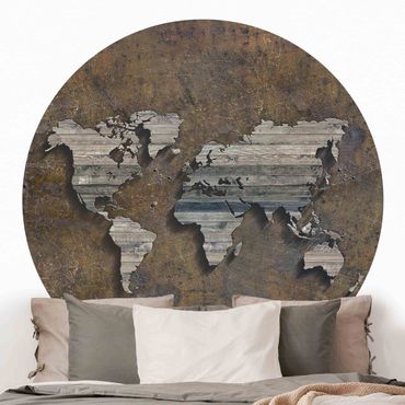 Self-adhesive round wallpaper - Wooden Grid World Map