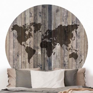 Self-adhesive round wallpaper - Wood World Map