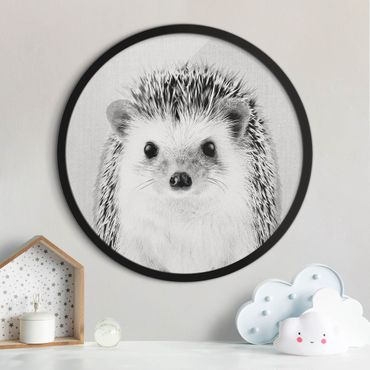 Circular framed print - Hedgehog Ingolf Black And White