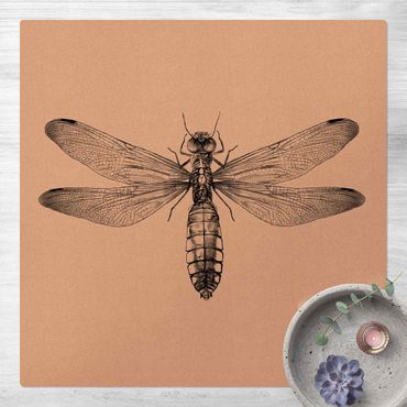 Cork mat - Illustration Flying Dragonfly Black - Square 1:1