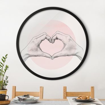 Circular framed print - Illustration Heart Hands Circle Pink White