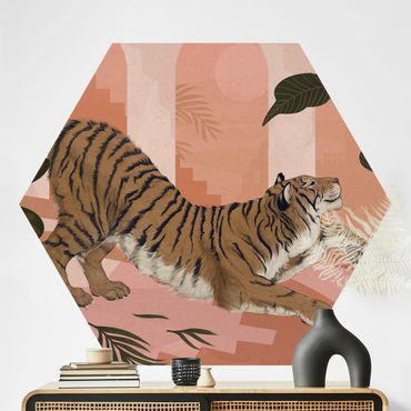 Self-adhesive hexagonal pattern wallpaper - Illustration Tiger In Pastel Pink Painting