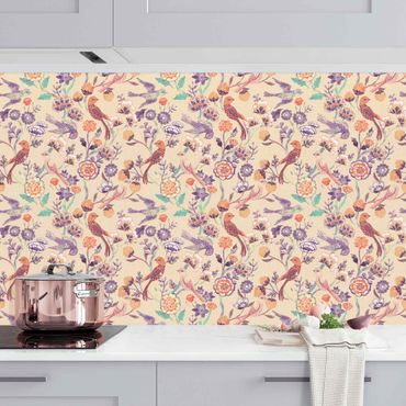 Kitchen wall cladding - Indian Pattern Birds with Flowers Beige