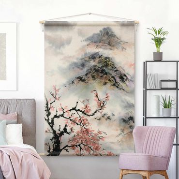 Tapestry - Japanese Watercolour Drawing Cherry Tree And Mountain