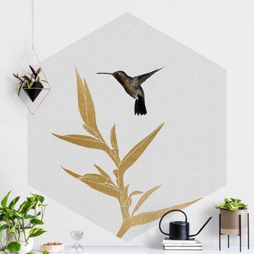 Self-adhesive hexagonal pattern wallpaper - Hummingbird And Tropical Golden Blossom II