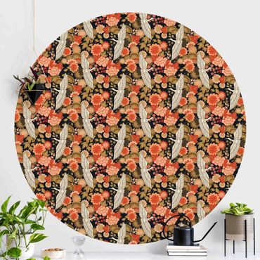 Self-adhesive round wallpaper - Cranes And Chrysanthemums Black