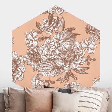 Self-adhesive hexagonal pattern wallpaper - Copper Engraving Flower Bouquet