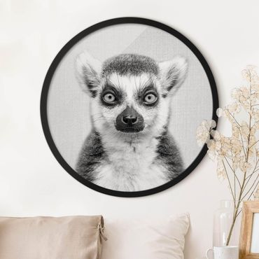 Circular framed print - Lemur Ludwig Black And White