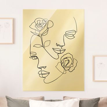 Glass print - Line Art Faces Women Roses Black And White - Portrait format