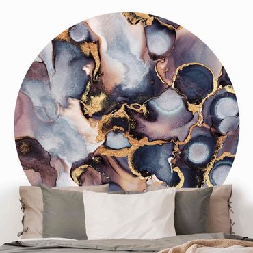 Self-adhesive round wallpaper - Marble Watercolour With Gold