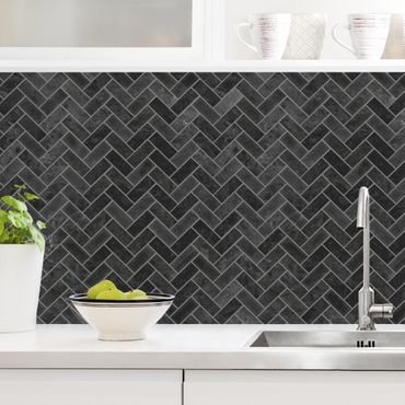 Kitchen wall cladding - Marble Fish Bone Tiles - Black Grey Joints