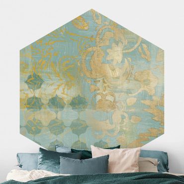 Self-adhesive hexagonal pattern wallpaper - Moroccan Collage In Gold And Turquoise II
