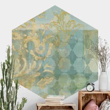 Self-adhesive hexagonal pattern wallpaper - Moroccan Collage In Gold And Turquoise