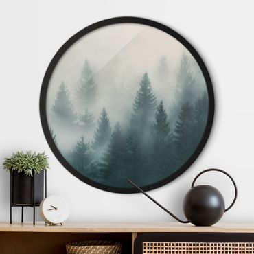 Circular framed print - Coniferous Forest In Fog