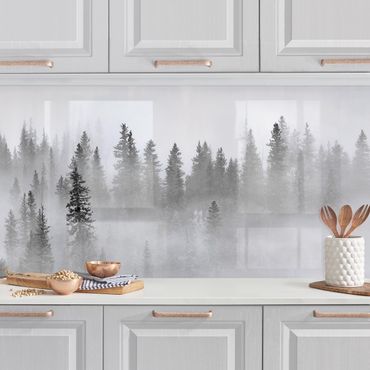 Kitchen wall cladding - Fog In The Fir Forest Black And White