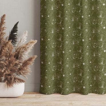 Curtain - Outline Flower Pattern - Olive Green