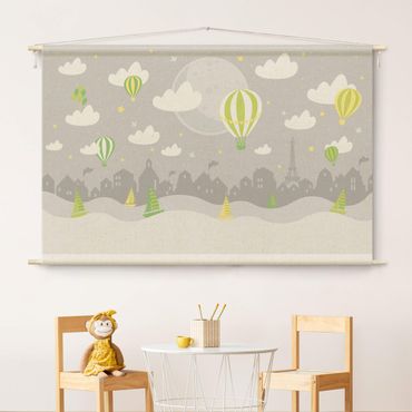 Tapestry - Paris With Stars And Hot Air Balloon In Grey