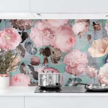 Kitchen wall cladding - Pastel Dream Of Roses On Blue
