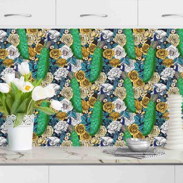 Kitchen wall cladding - Peacock With Flowers