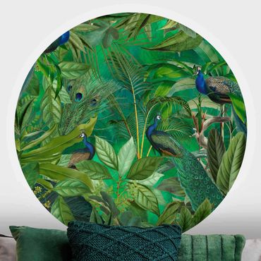 Self-adhesive round wallpaper - Peacocks In The Jungle