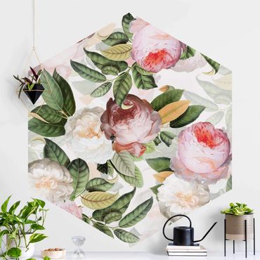 Self-adhesive hexagonal pattern wallpaper - Peonies With Leaves