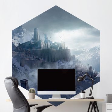 Self-adhesive hexagonal wall mural - Fantasy Fortress In The Mountains