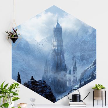 Self-adhesive hexagonal wall mural - Fantasy Castle In Snowy Landscape