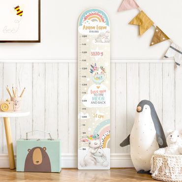 Wooden height chart for kids - Rainbow rabbits to the moon with custom name
