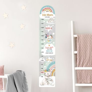 Wall sticker height chart for kids - Rainbow rabbits to the moon with custom name