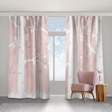 Curtain - Pink Birch Forest With Butterflies And Birds