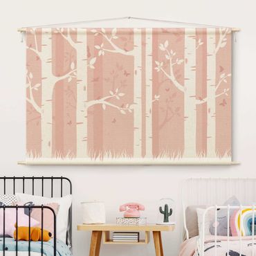 Tapestry - Pink Birch Forest With Butterflies And Birds