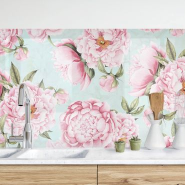 Kitchen wall cladding - Pink Flowers On Mint Green In Watercolour