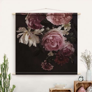 Tapestry - Pink Flowers On Black Vintage