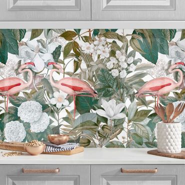 Kitchen wall cladding - Pink Flamingos With Leaves And White Flowers II
